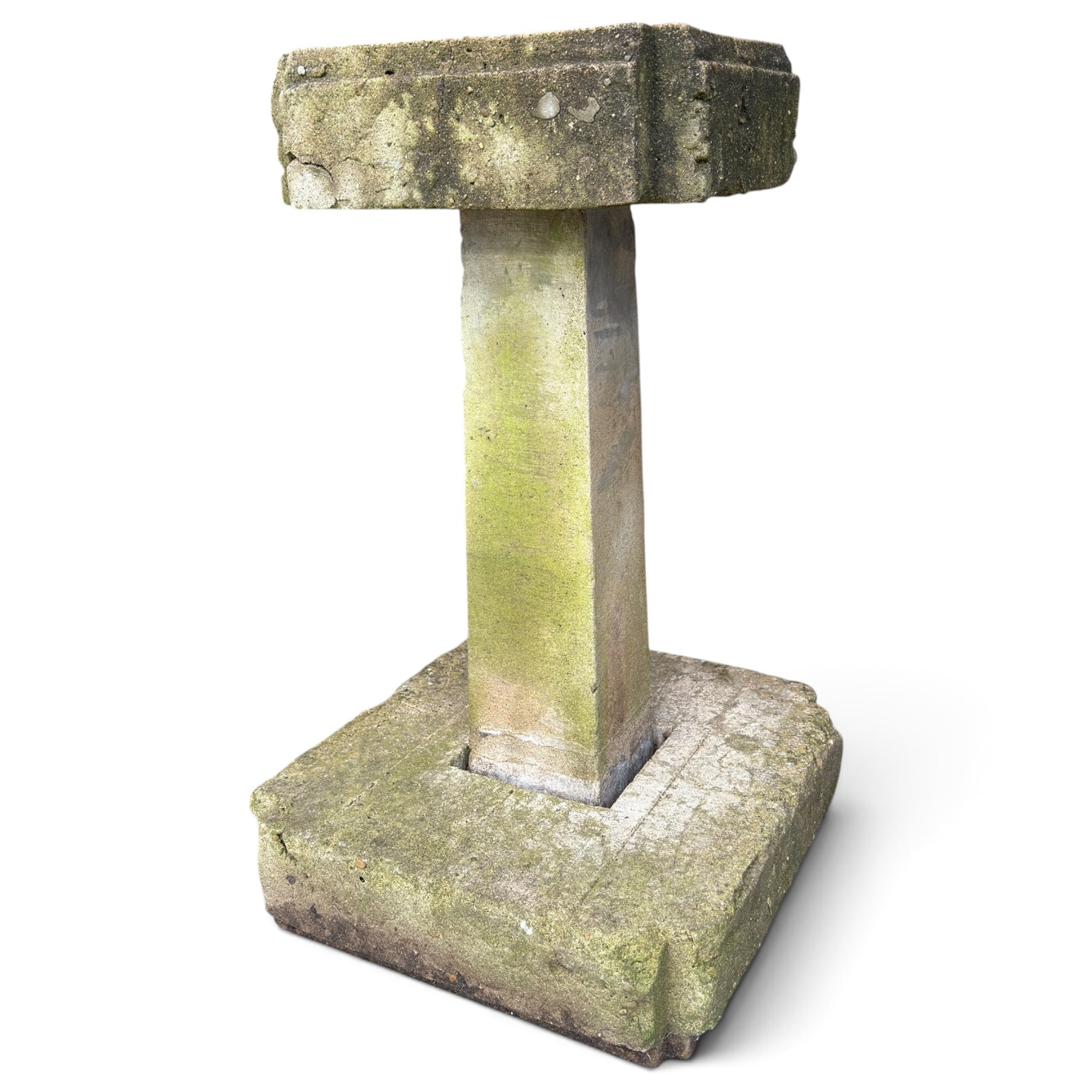 Weathered cast stone birdbath, circular bowl over a lobed baluster pedestal on circular base; weathered cast stone sundial of squared form with re-entrant corners and removable metal sundial with personified death motif