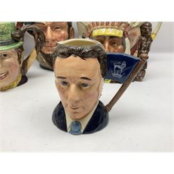 Collection of Royal Doulton and Beswick character jugs of various sizes, including North American Indian D6611, The Falconer D6533,  Tony Weller 281, Sairey Gamp 371 etc