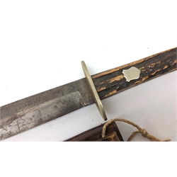  Wingfield & Co. Bowie type knife, 15.5cm steel blade stamped on ricasso Wingfield & Co. Sheffield, and on blade Whiteaway Laidlaw & Co. white metal crossguard and antler slab grip with cartouche, L26.5cm and a hunting knife with 13.5cm fullered twin edge blade and alloy grip, both in leather sheath, L24cm (2)  