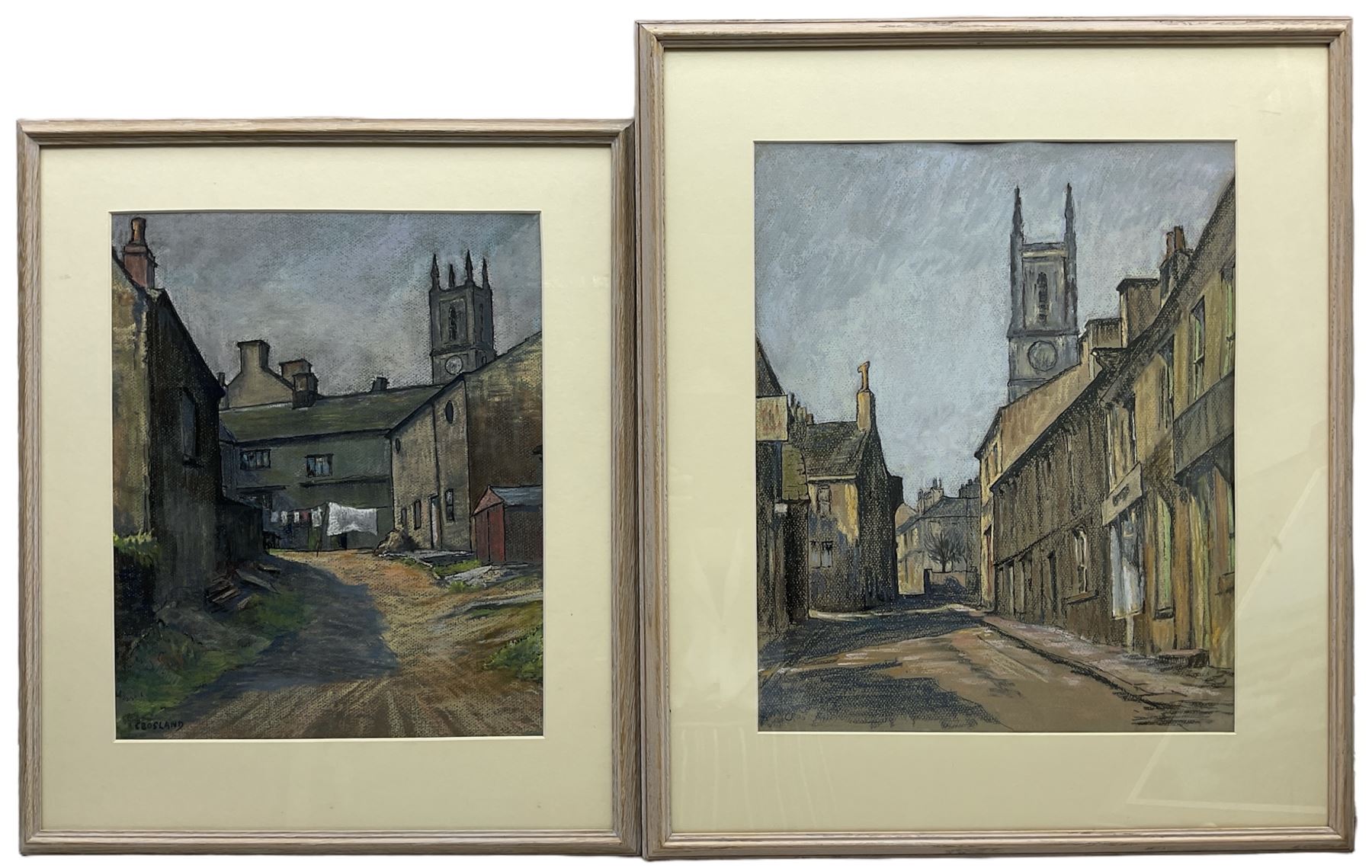 Jack Crosland (Northern British 20th century): 'Honley West Yorkshire' and 'Church Street Honley West Yorkshire', pair pastels signed, inscribed verso max 45cm x 37cm (2)