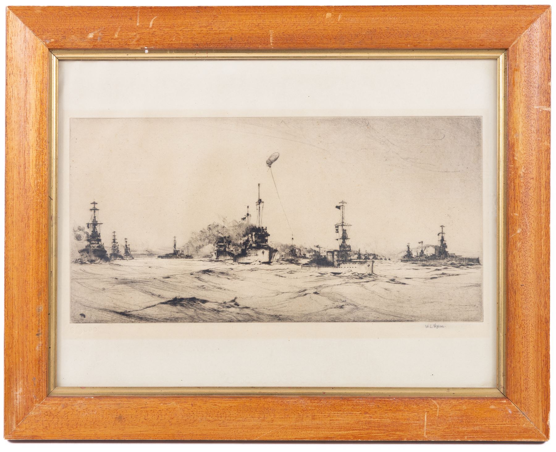 Rowland Langmaid (British 1897-1956): Newlyn and St Michael's Mount, etching signed in pencil 16cm x 30cm; Frank Henry Mason (Staithes Group 1875-1965):  Surrender of the German Fleet, etching 17.5cm x 35cm (2)
Notes: Original signature removed and wrongly attributed.