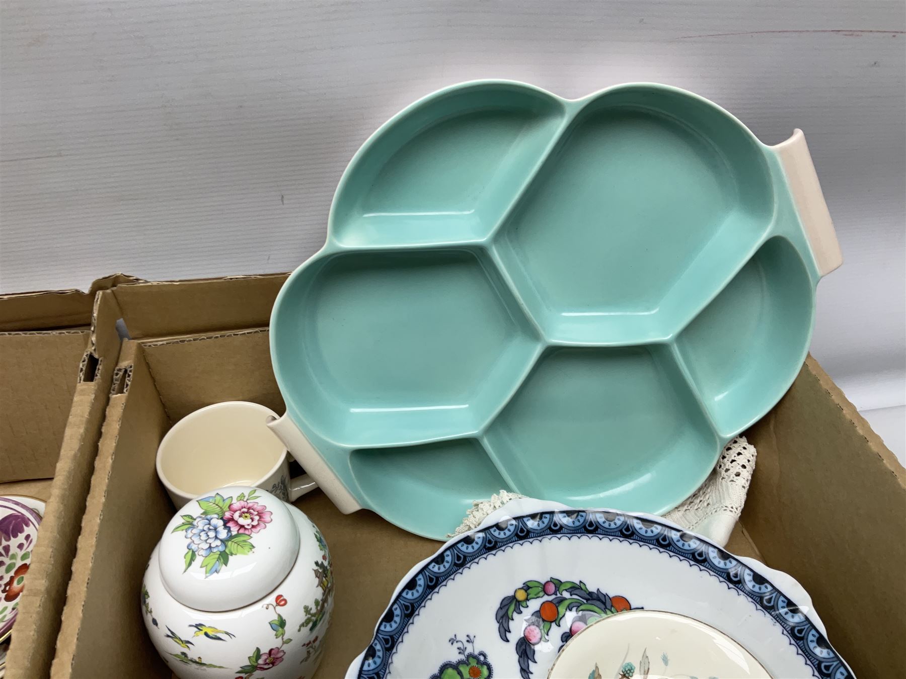 Collection of ceramics to include Bretby jardinière, Royal Worcester, Palissy, Royal Doulton Dickens Ware, Carlton ware, 19th century small dish painted with roses and foliate decoration, lustre, Poole etc in two boxes