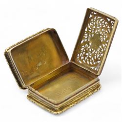 George IV silver gilt vinaigrette with pierced and engraved hinged grille, exterior vacant cartouche and engraved decoration Birmingham 1828 Maker Thomas Parker