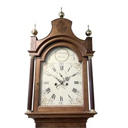 John Sculcoates Branson of Hull - Oak cased 8-day longcase clock c1790, with an inlaid perogda pediment and three ball and spire finials, breakarch hood door beneath flanked by reeded pilasters and brass capitals, long trunk with conforming door on a rectangular plinth raised on a base with bracket feet, early painted dial with raised gesso spandrels, swag cartouche and makers name to the arch, with pierced steel hands, Roman numerals,five minute arabics, seconds dial and calendar aperture, dial pinned via a false plate to a rack striking movement with a recoil anchor escapement. With weights, pendulum and key.