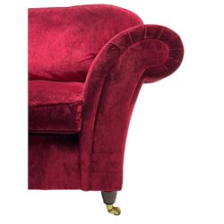 Laura Ashley - traditional shaped three seat sofa (W225cm, D95cm), and matching two seat sofa (W182cm), upholstered in crushed red velvet fabric 
