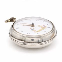 George III silver pair cased verge fusee pocket watch by W.C. Tooke, Lynn, No. 23960, pierced and engraved balance cock decorated with a mask, enamel polychrome dial depicting rope makers and personalised 'John Withers' hour markers, case by William Linsley, London 1814