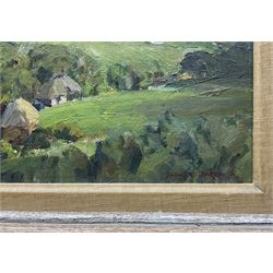 Howard Barron (British 1900-1991): 'Corfe Castle Dorset', oil on artist's board signed, dated May /54 with original titled and Medici Society labels verso 30cm x 40cm