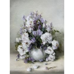 Judith Levin (British 1956-): Still Life of Flowers in a Vase, oil on canvas board signed 39cm x 29cm 