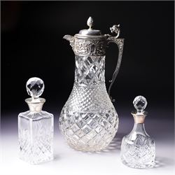 Square glass scent flask with silver collar and facet cut stopper Birmingham 1990, another...