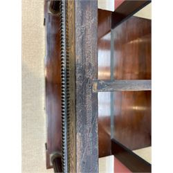 Late 19th century mahogany console or pier table, rectangular green marble top over a break-front frieze inlaid with brass scroll work panels, reed and ribbon gilt metal and wooden beaded applied mouldings, on turned and fluted front supports, plain mirror back over plinth platform base