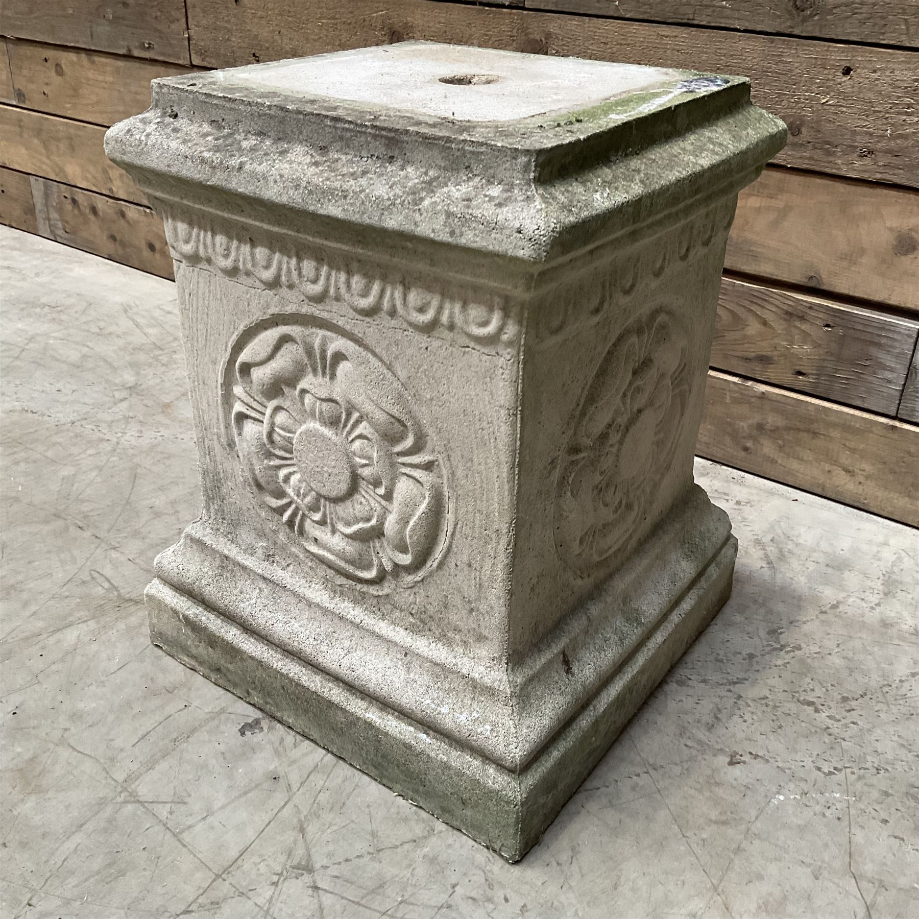 Cast stone garden pedestal with relief 'Yorkshire Rose' motif