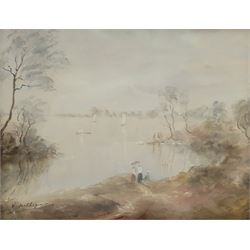 Victor Mathias (20th century): Figures by the Lakeside, gouache signed 23cm x 29cm