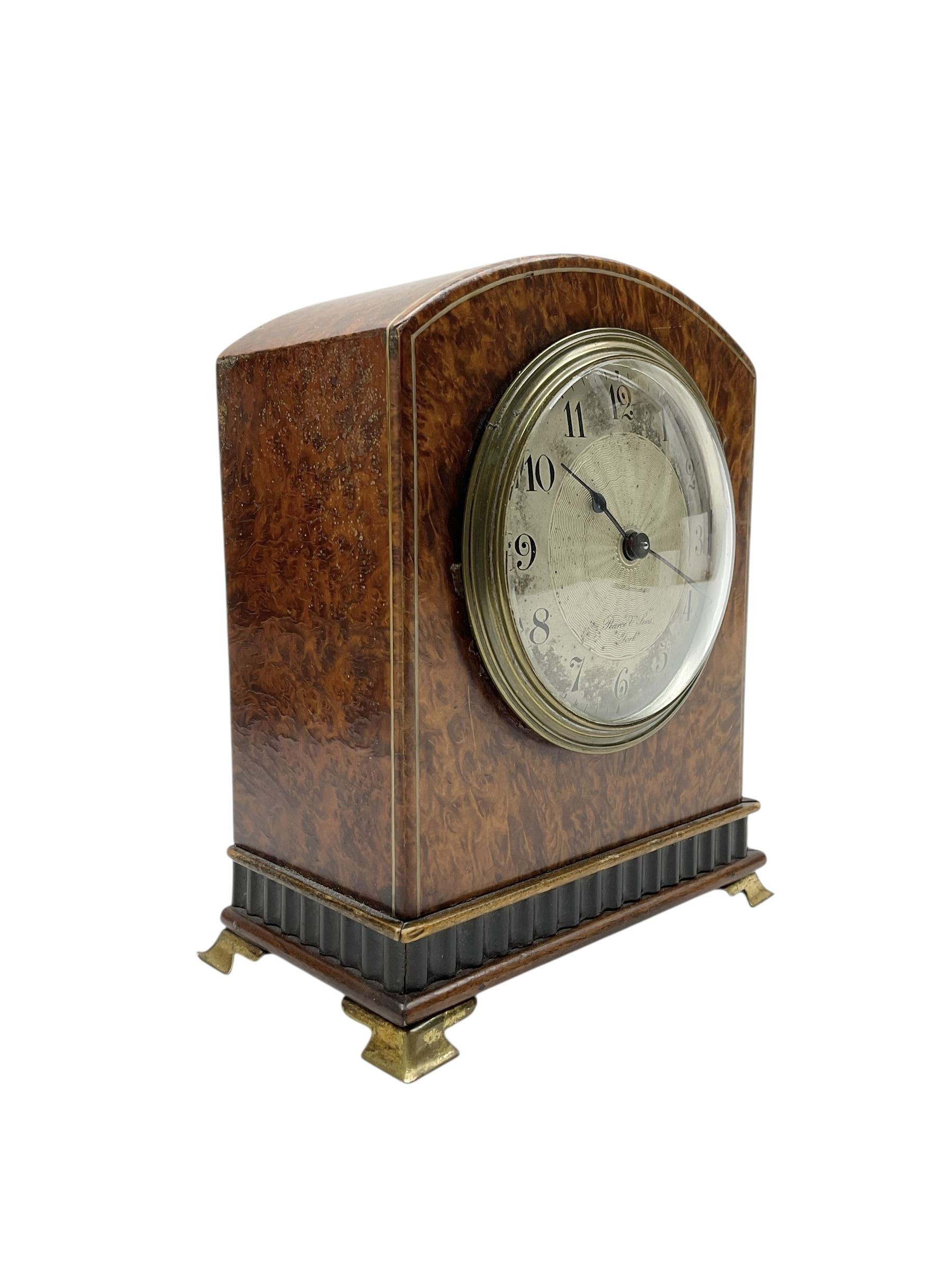Edwardian-  8-day timepiece mantle clock with a silvered engine turned dial and platform escapement.