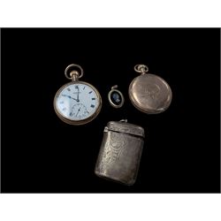 Two gold plated pocket watches, including open faced Vertex example, together with a silver plated vesta case and a Sarah Coventry pendant