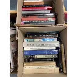 Large quantity of art reference books in english, to include books on Michelangelo, Caravaggio, Leonardo etc, in five boxes 