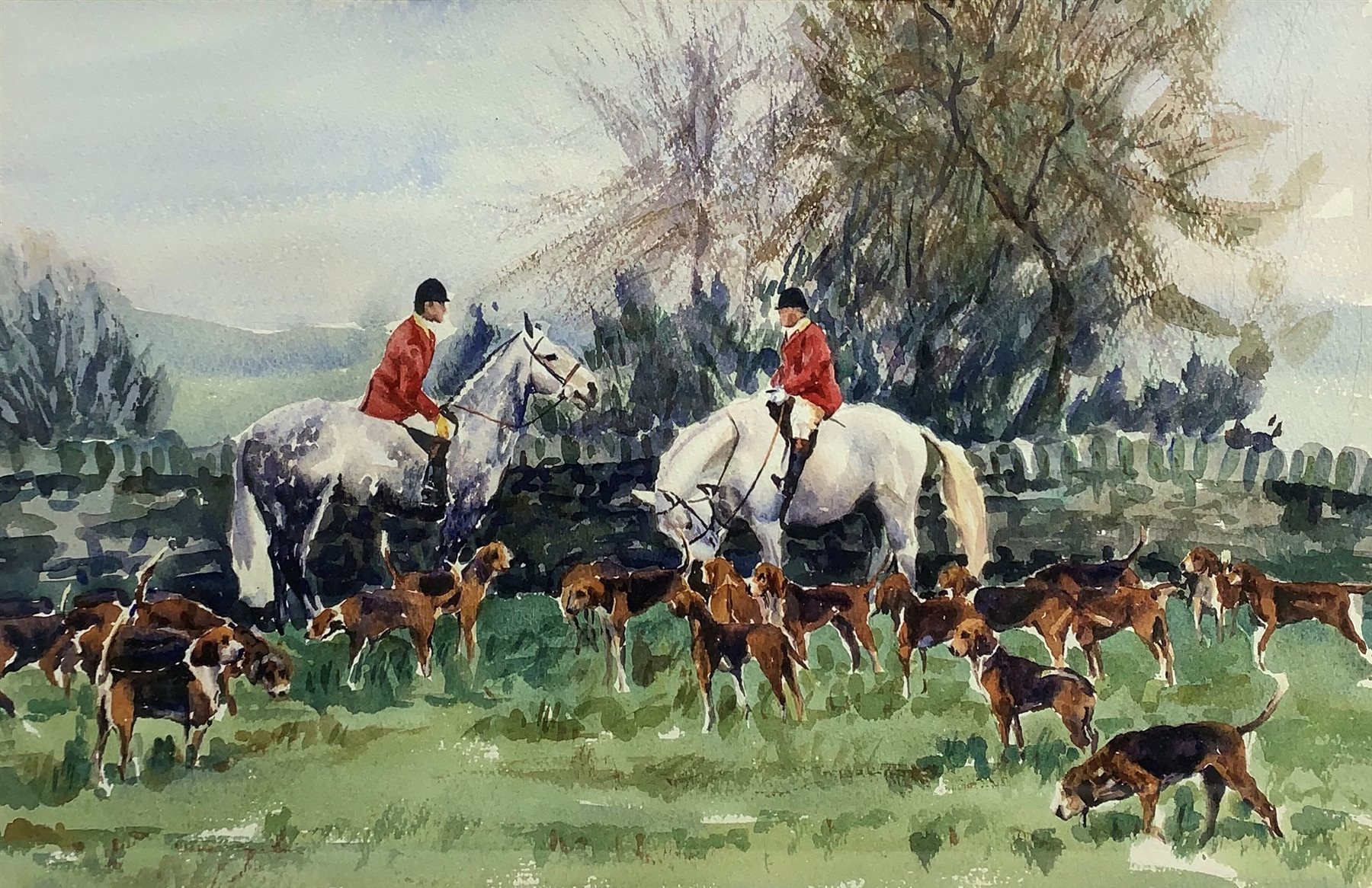 Wendy Knapton (British 20th century): The Hunt pausing by a Stone Wall, watercolour signed and dated '74, 35cm x 54cm