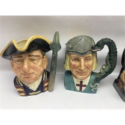 Eight Royal Doulton character jugs, including St George D6618, Guardsman D6568, The Juggler D6835 etc, together with Royal Doulton toby jug Sir Francis Drake D6660