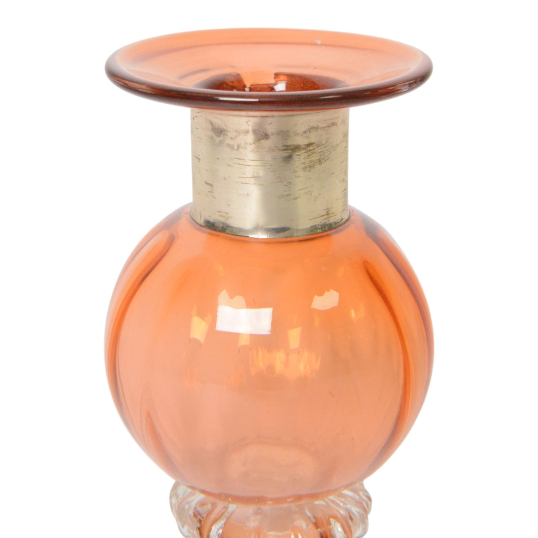 Anthony Stern (British 1944-2022); hand blown orange art glass vase with a metal collar, signed beneath, H15cm