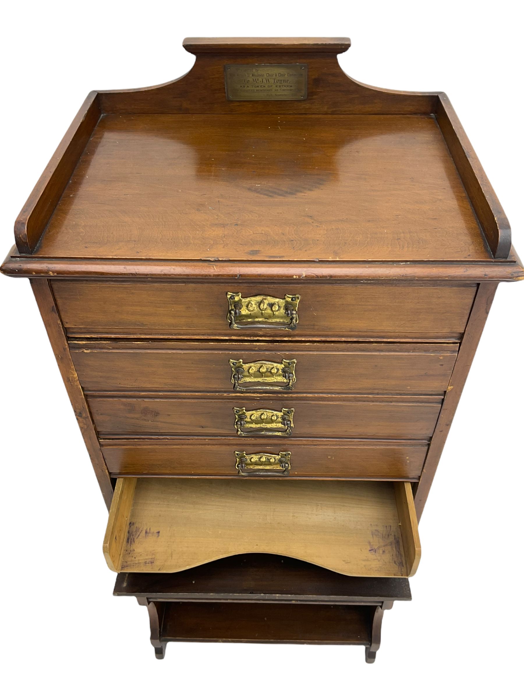 Edwardian walnut sheet music cabinet, raised back with plaque inscribed 
