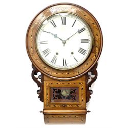 19th century inlaid walnut drop dial wall clock, twin train movement striking the hours on bell