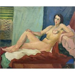 Bloomsbury School (20th century): Reclining Nude, oil on canvas laid on to board unsigned 64cm x 77cm