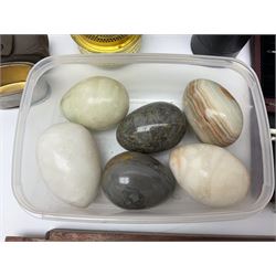 Pair of turned wooden goblets, six hardstone eggs, vintage slide rule and a leather letter rack, etc