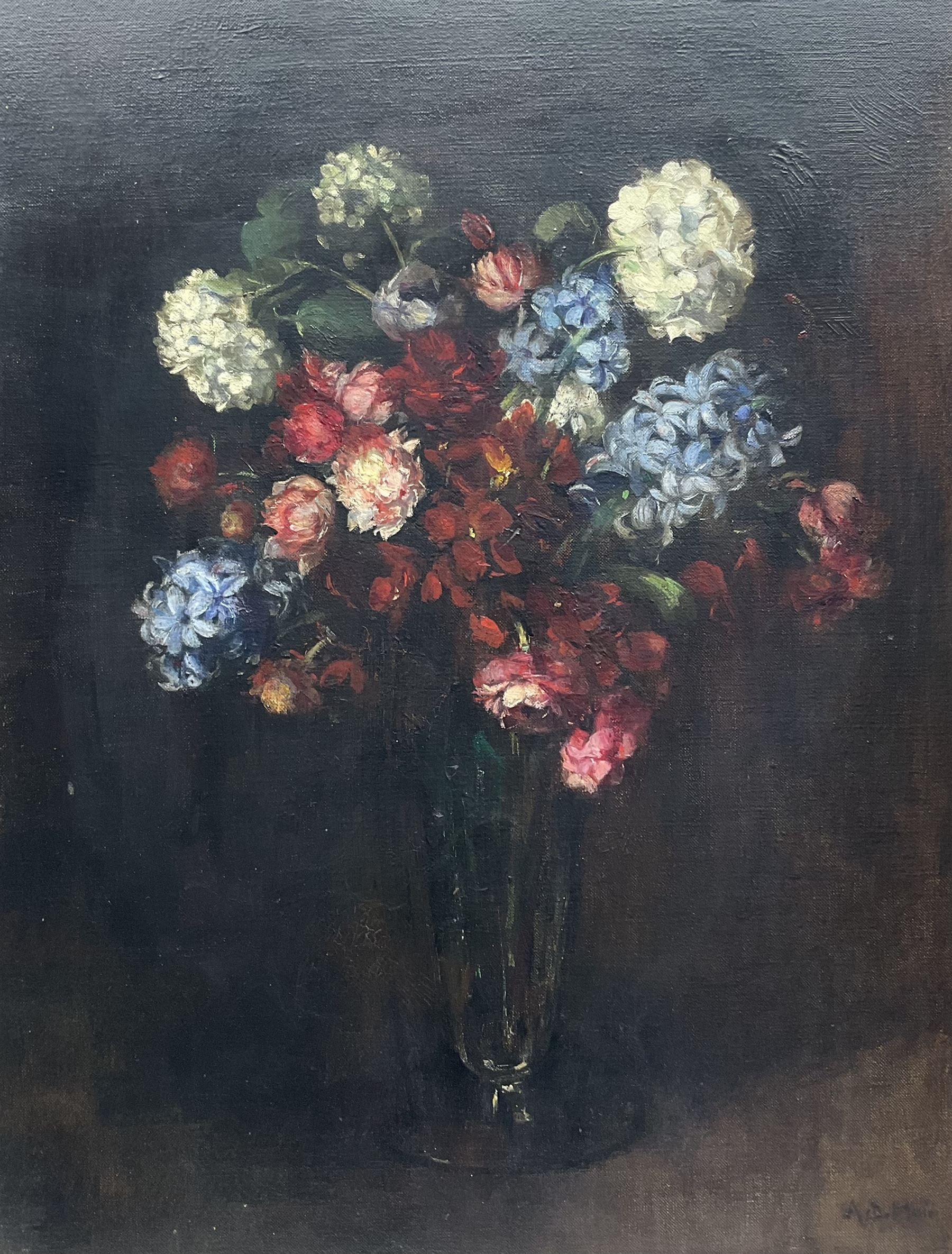 Anne Davidson Muir (Scottish 1875-1951): Still Life of Flowers in a Glass Vase, oil on canvas signed 54.5cm x 42cm 
