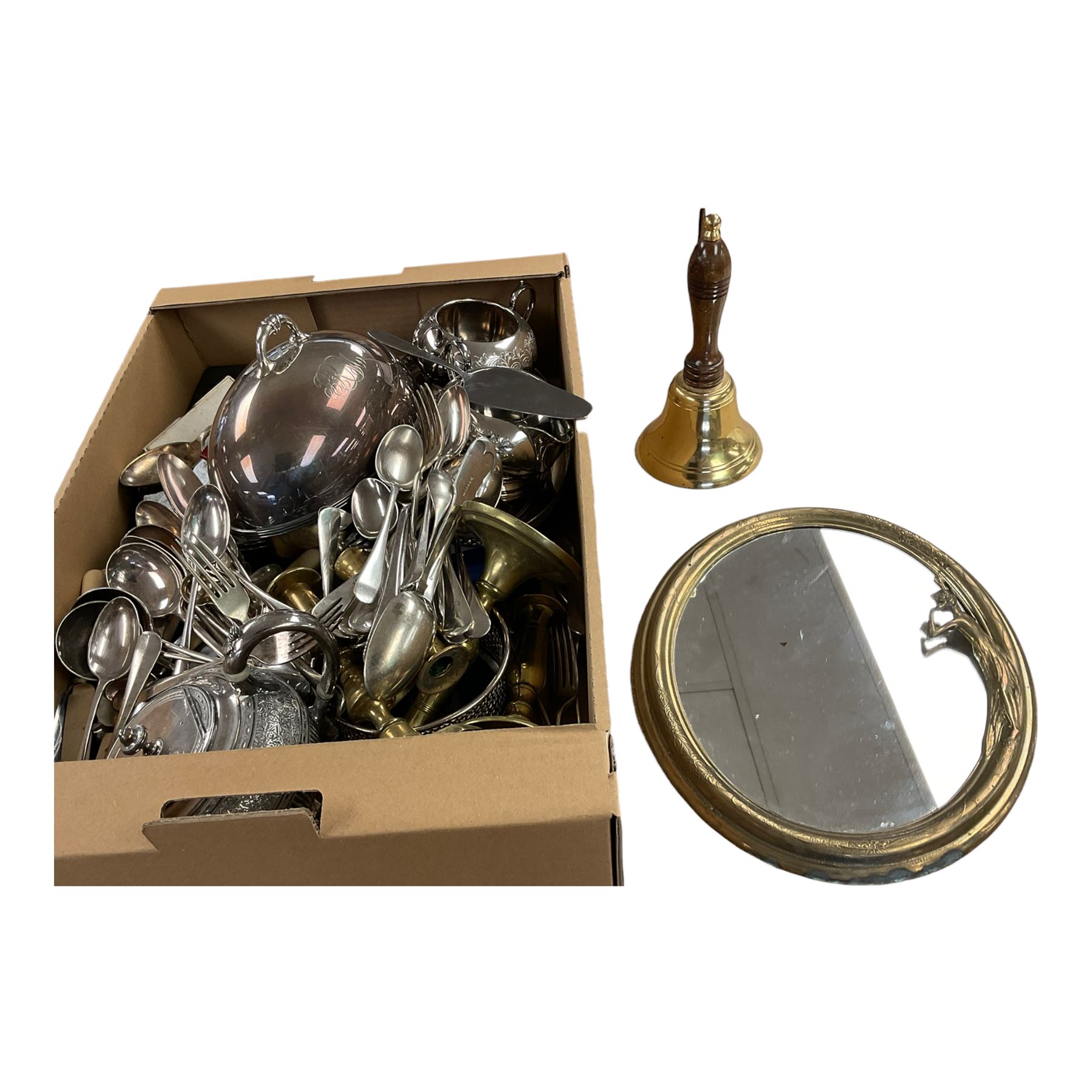 Brass Art Deco style mirror, together with a brass bell and other metalware 