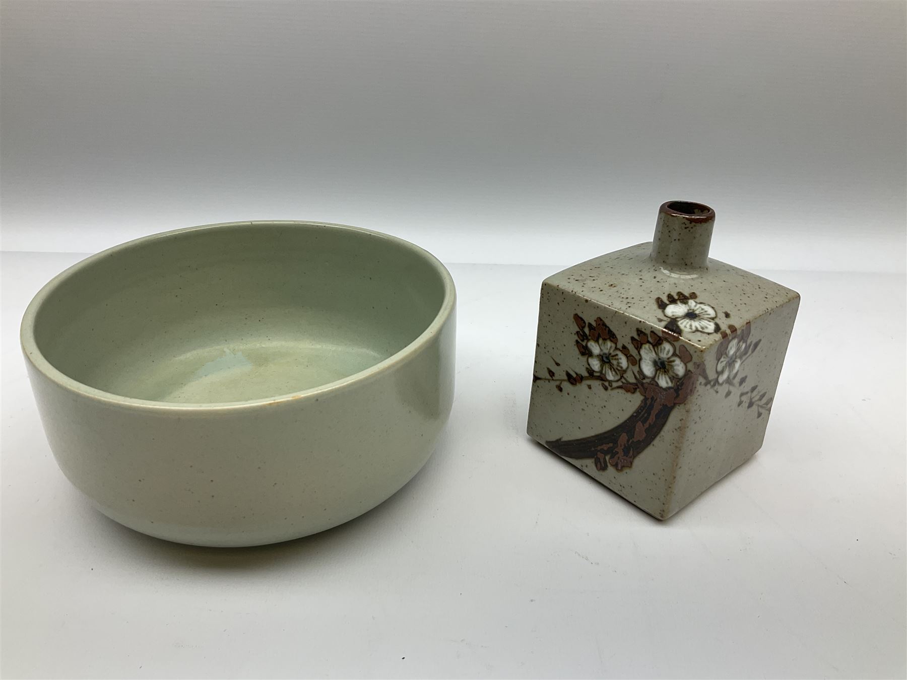 Quantity of studio pottery to include square section vase decorated with blossoming branches, other studio pottery to include jugs, bowls, vases etc, with various marks, duck egg b,J.E. bowl stamped Buchan, continental pottery, other stoneware pottery to include glazed jar with lid etc