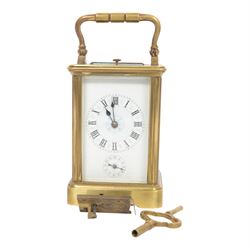 French 8-day timepiece carriage clock with brass case with four bevelled glass panels, 11cm