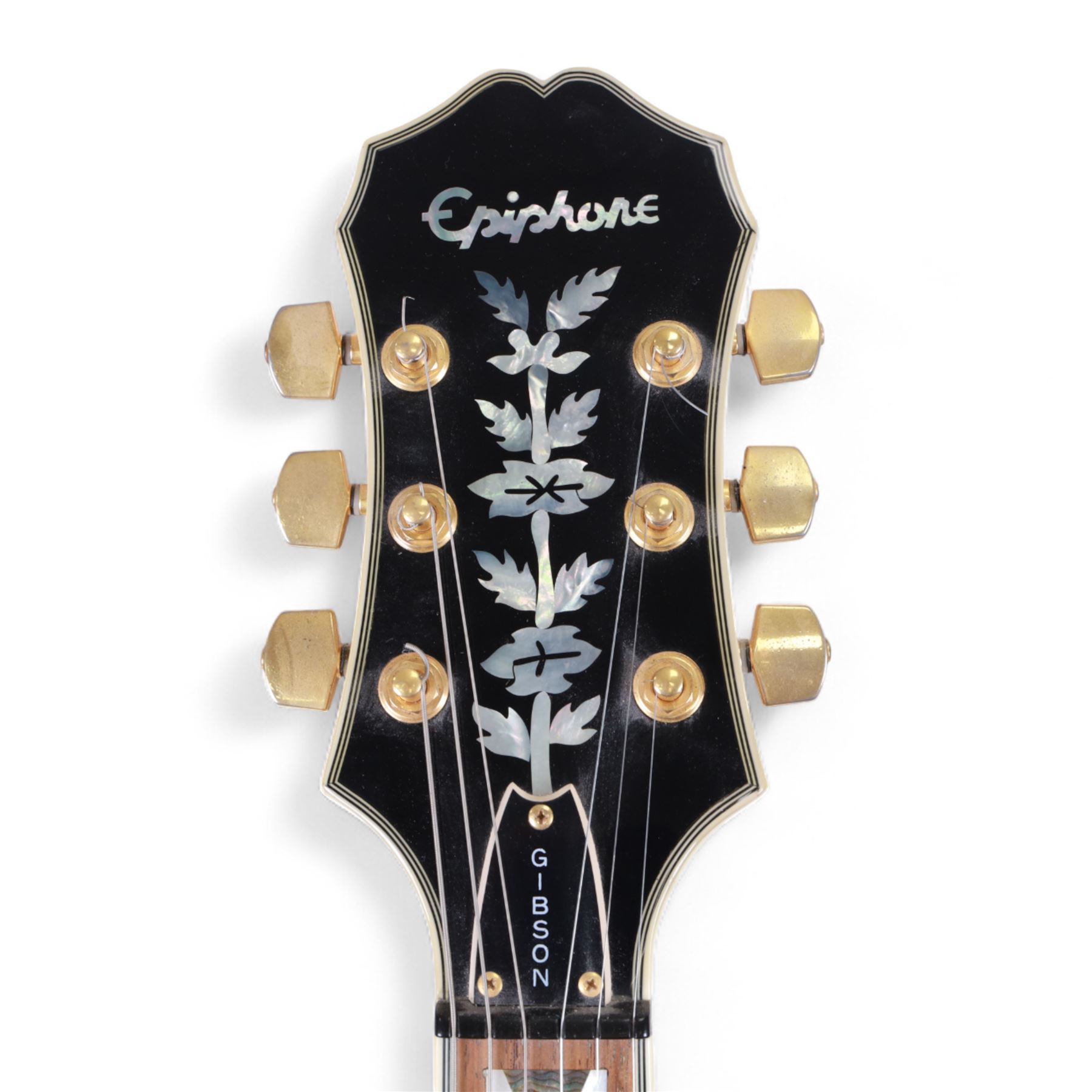 Epiphone by Gibson Sheraton semi-hollow electric guitar, serial no. S98081744 made in Korea c.1998, with natural blonde body, maple neck, fretboard with abalone and mother of pearl split block markers, with inlaid mother of pearl tree of life design and Epiphone logo to headstock, L109cm