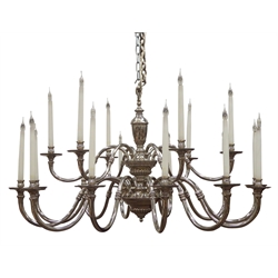 Lampart Italy - Large late 20th century Italian silver plated chandelier, two tier lobe moulded stem, eighteen scrolled branches with false candles, D125cm 

Provenance - once hung in The Throne Room of Auckland Castle, Durham (Auckland Project) after restoration work during the 1980s, removed February 2019 for further regeneration