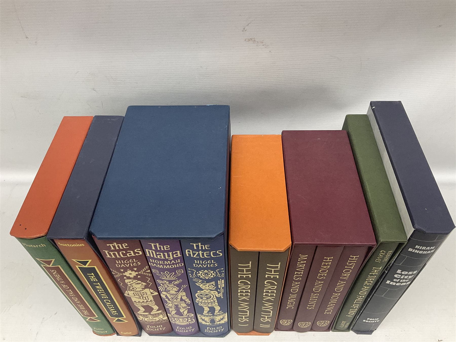 Folio Society; twelve volumes, to include three book box set Empires of Early Latin America, three book box set British Myths and Legends, two book box set The Greek Myths etc