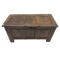 18th century oak blanket box, triple panelled lid and front, moulded uprights and stile supports