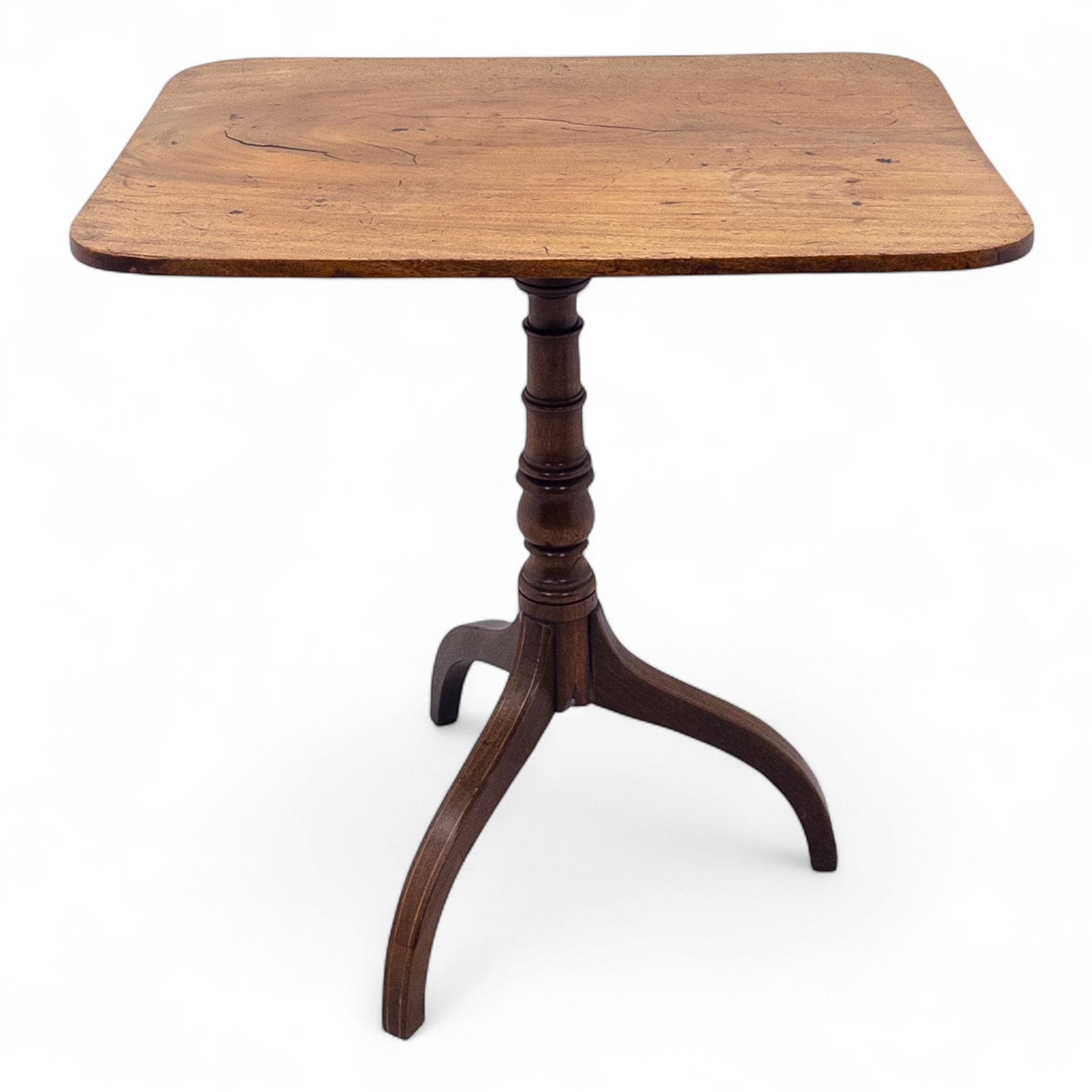 Early 19th-century mahogany tripod table, rectangular tilt-top with rounded corners, raised on a turned baluster column and tripod base with line inlaid down-swept legs 