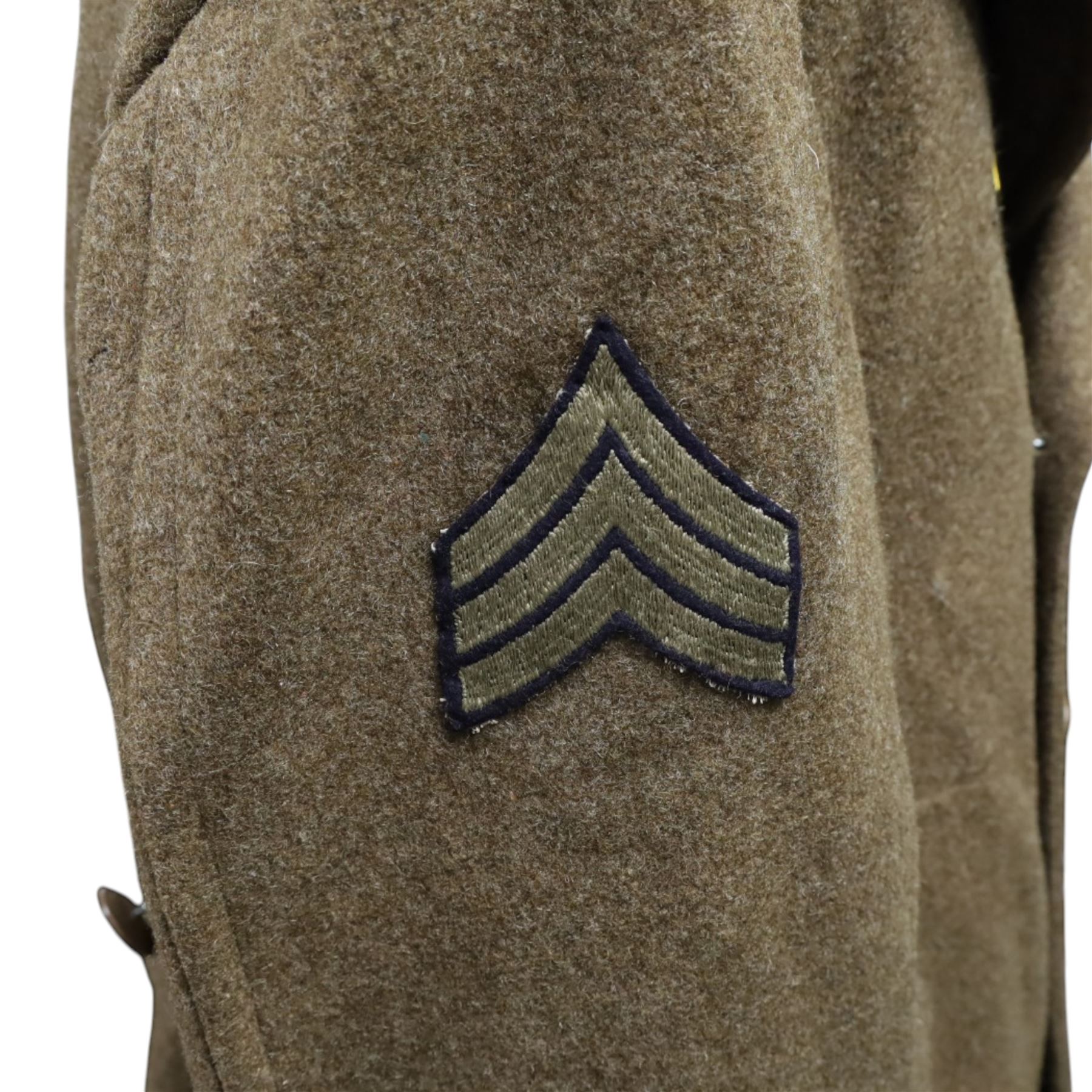 Army long wool jacket, with US Army WWII 82nd Airborne division patch, stamped inside 36R