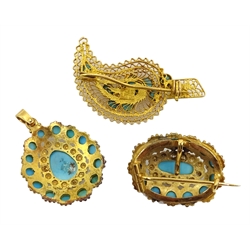  Middle Eastern 18ct gold, turquoise set leaf design openwork brooch, stamped 750gold and turquoise set openwork pendant and pendant/brooch, both tested 18ct (3)  