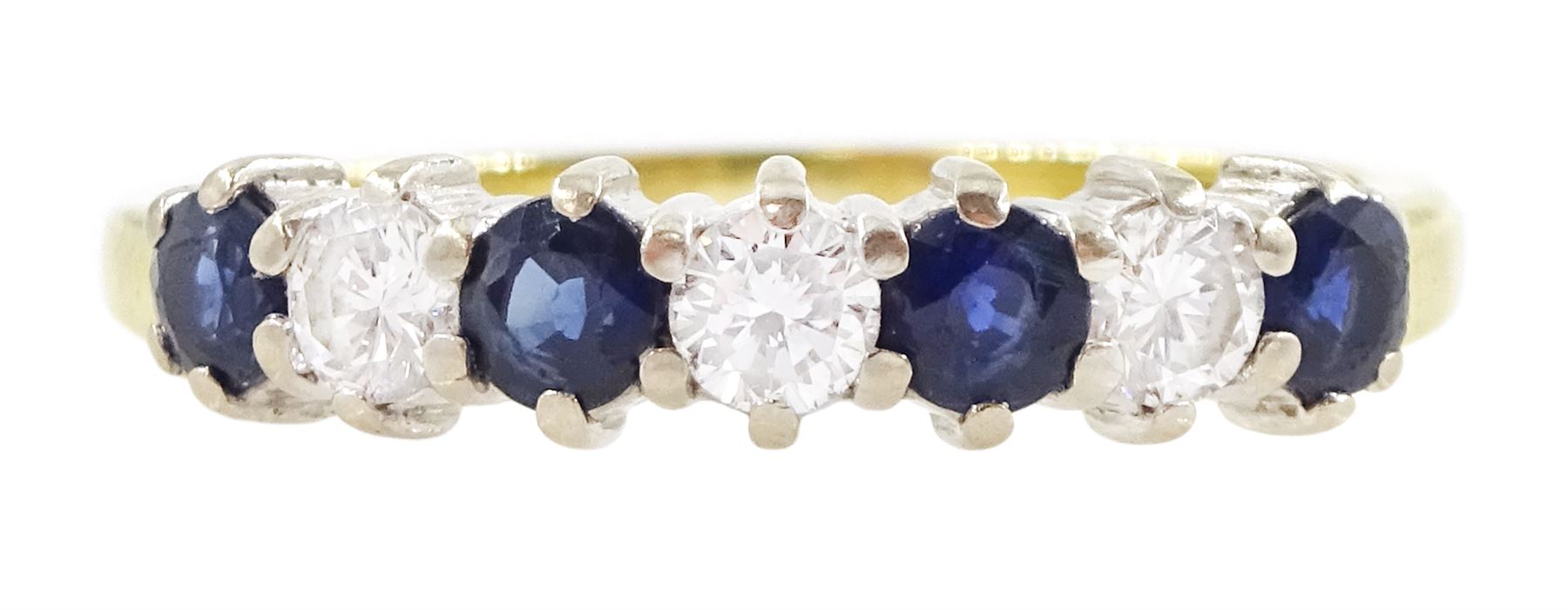 18ct gold sapphire and diamond half eternity ring, seven alternating round brilliant cut diamonds and round cut sapphires, hallmarked, total diamond weight approx 0.30 carat