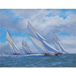 George Drury (British 1950-): 'Britannia Racing on the Solent with White Heather, Westward and Lulworth', oil on board signed, titled verso 37cm x 47cm
