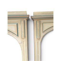 Two large painted pine window or door surrounds, square cornice with arch top, applied mouldings (widths 180cm and 130cm)