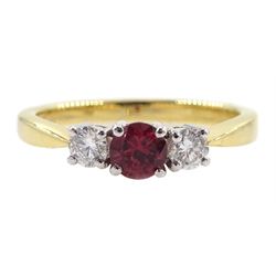 18ct gold three stone round ruby and round brilliant cut diamond ring, hallmarked