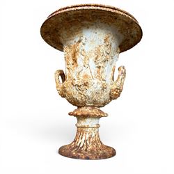 Andrew Handyside - pair of 19th century best quality cast iron garden urns, individually detailed in relief Allegorical Figures and Helaldic Swans, campagna form with twin handles, detail under rim, raised on circular fluted base