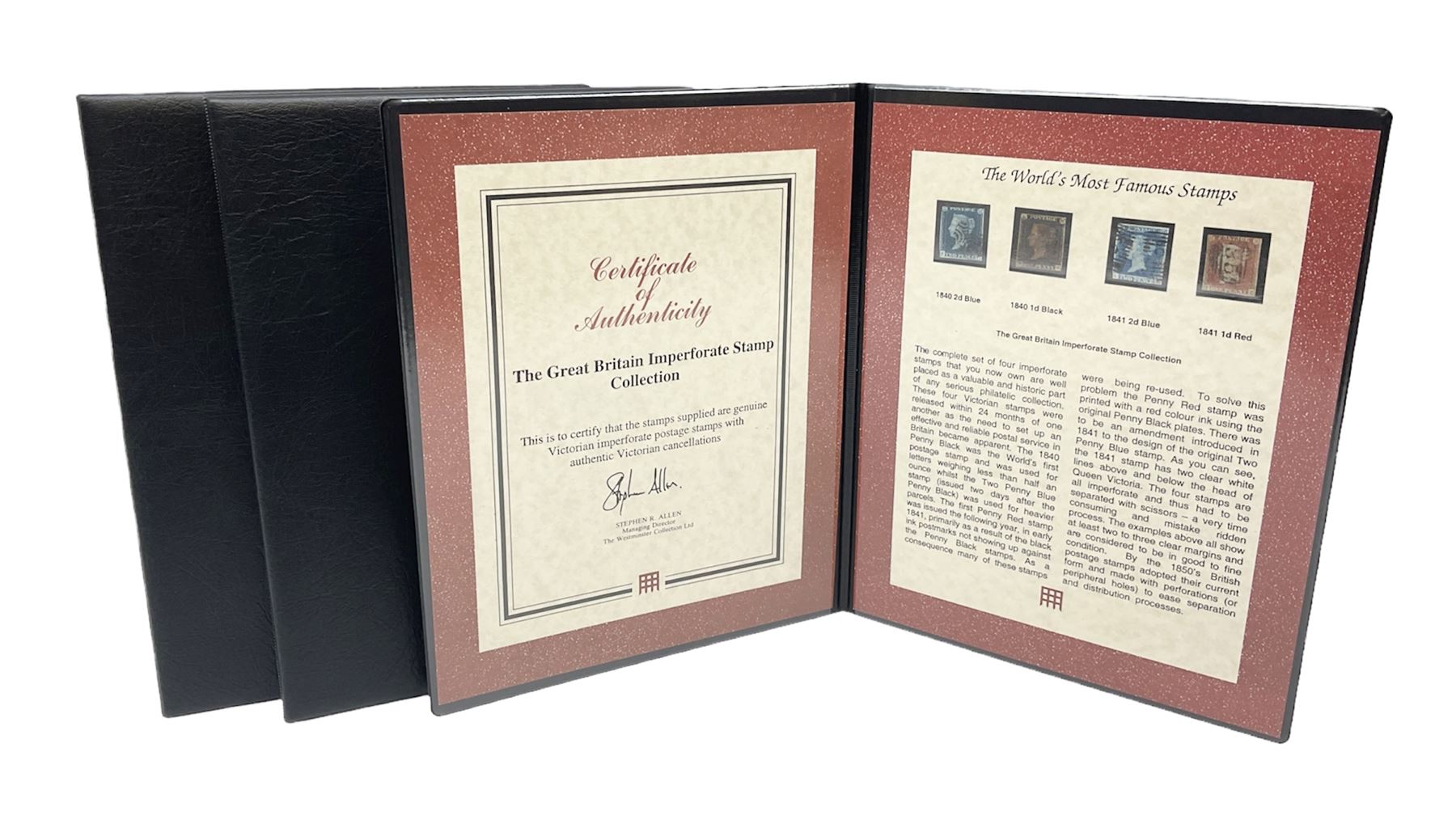 Three Westminster  stamp folders, 'The 1867-1883 Five Shilling Red', 'The World's Most Famous Stamps' including Queen Victoria 1840 penny black with red MX cancel and 1840 two pence blue, 'Victorian 1840 Mulready Stationary' (3)