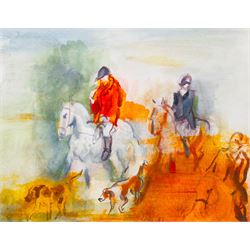 Leslie (Mid/late 20th century): The Hunt, impressionist watercolour signed and dated '83, 25cm x 32cm
Provenance; the estate of the late Mrs Godsal, Pond Street, London NW3 purchased Abbott & Holder, 30 Museum Street, London, label verso