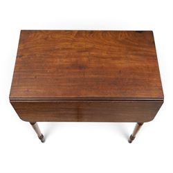 Early 19th century mahogany deception table with drop-front, rectangular top over drop-front with button action to the side, enclosing slatted-base compartment, raised on turned supports