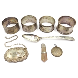  Silver napkin rings, whiskey label, spoon, silver jubilee medal 4oz and silver mounted soapstone pendant  