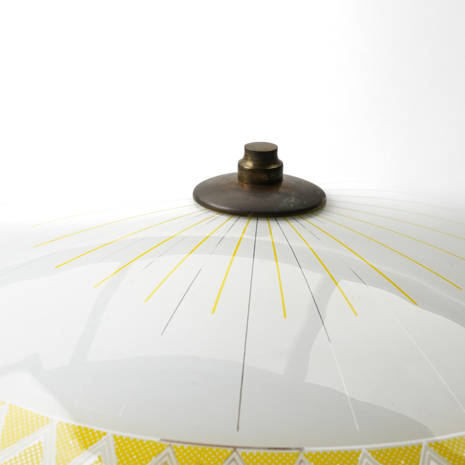 1960s yellow and white glass umbrella chandelier, with brass suspension rod and three lightbulb sockets, Light D47cm, Rod H43.5cm