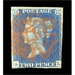 Queen Victoria 1840 two pence blue stamp, red MX cancel