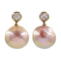 Pair of 9ct white gold diamond and pink/peach pearl pendant earrings