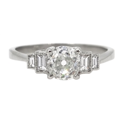  Platinum round and baguette cut diamond ring, stamped Plat, central diamond approx 0.83 carat  
